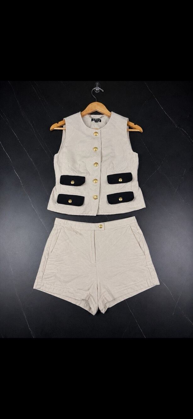 J.Crew Vest & Shorts Women’s 0/2 Linen Blend Cream Black Gold Button Set